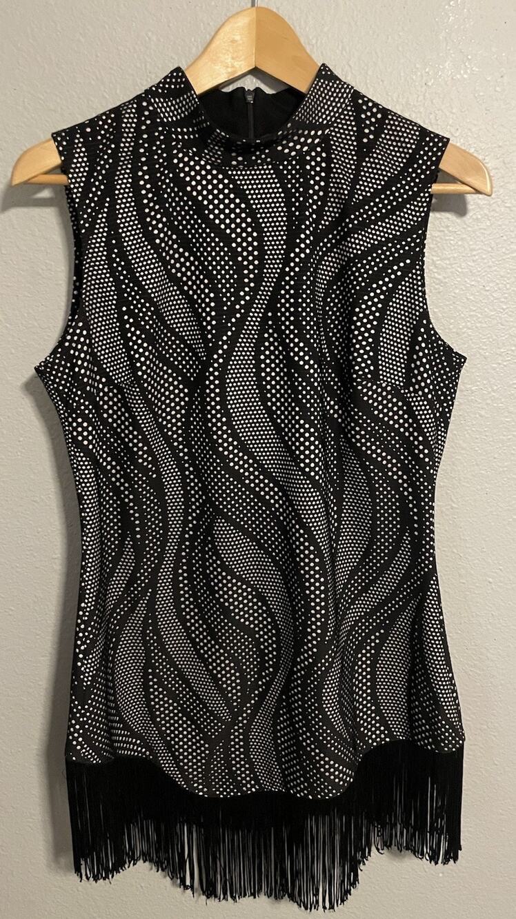 Frank Lyman Womens Tunic Size 10 Black White Polka Dot Fringe Hem Avant Garde